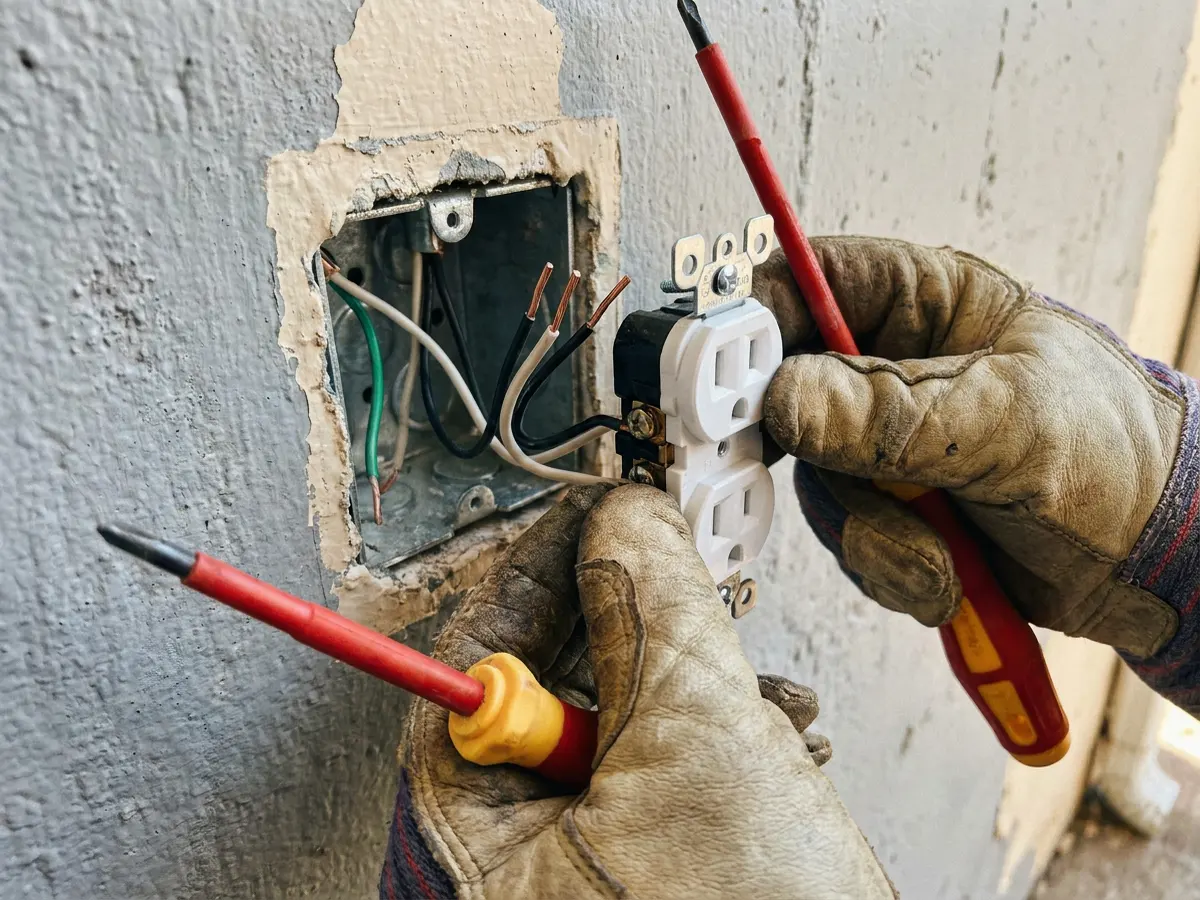 Gloved hands installing a wall outlet with a ground wire