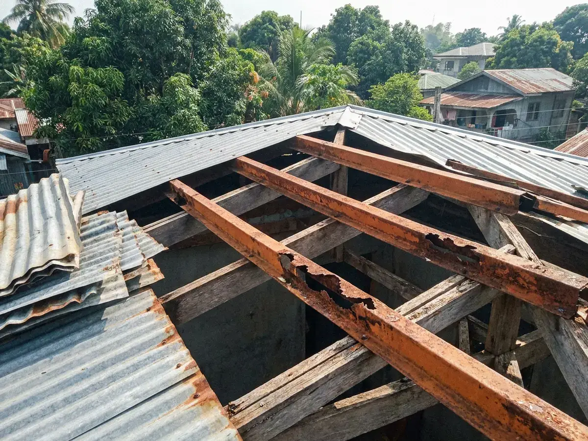 Old roofing removed, showing steel purlins rusted through