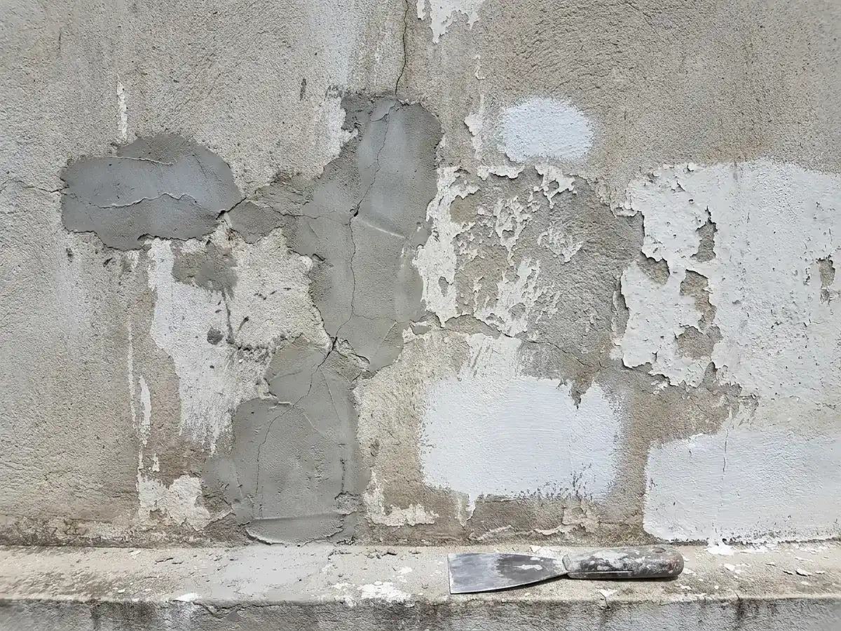 Concrete wall with patched cracks and primer before painting